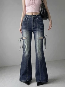 FRIFUL Quần jean denim nữ thường ngày phong cách casual có túi, cúc và thiết kế mài rách - Màu xanh lam - Xem 4