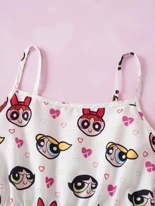 THE POWERPUFF GIRLS X SHEIN Gaun Kasual Anak Perempuan Remaja dengan Tali Bahu Tipis THE POWERPUFF GIRLS - Putih - View 4