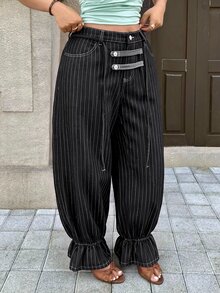 Rivivi Plus Size Women Non-Stretch Denim Cuffed Deep Blue Striped Lantern Pants Cowboy Outfits For Women - Black - View 4
