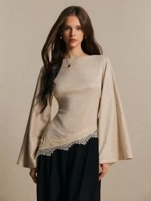 Poéselle Women's Lace Patchwork Casual Daily Long Sleeve Top - Apricot - View 3
