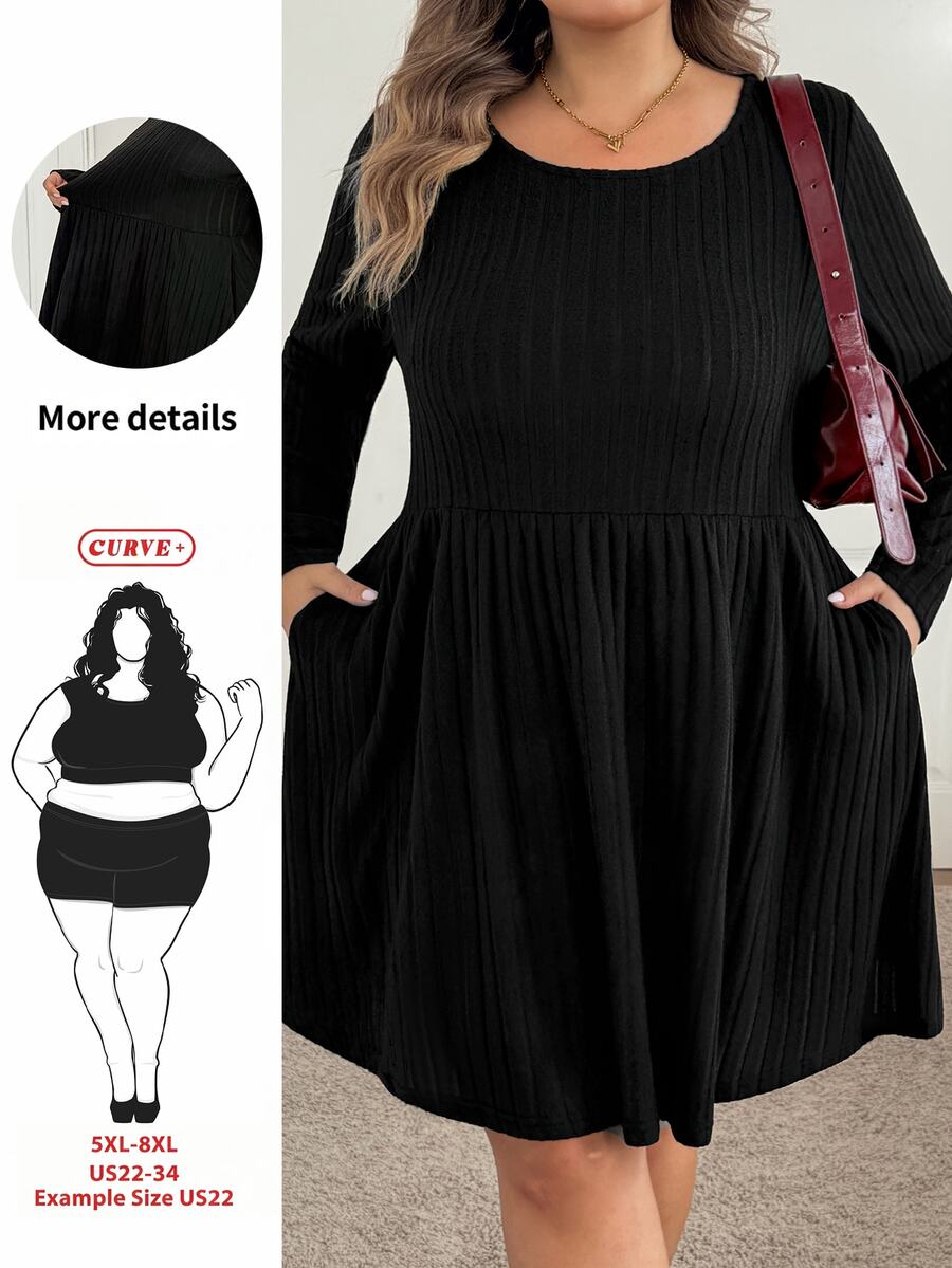 SHEIN CURVE+ فستان نسائي كاجوال متعدد الاستخدامات بلون موحد، فستان مناسب لجميع الإطلالات للخريف/الشتاء، مقاسات 5XL-8XL - الأسود - مشاهدة 1