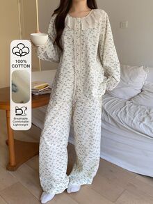 DAZY Women's Ditsy Floral Long Sleeve Single-Breasted Top And Pants Loungewear Set - Beige - View 5