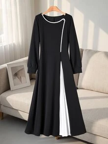 Rusticease Elegant Round Neck Long Sleeve Color Block Dress For Middle-Aged And Elderly Women - Black - View 1