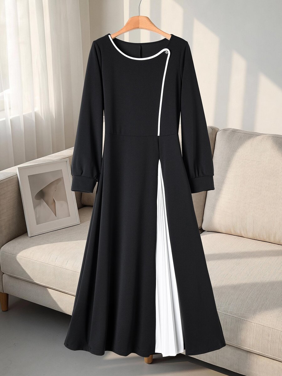 Rusticease Elegant Round Neck Long Sleeve Color Block Dress For Middle-Aged And Elderly Women - Black - View 1