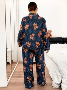 Napfluff CURVE Napfluff CURVE Plus Size Lapel Cardigan Plaid Teddy Bear Print Long Sleeve Long Pants Pajama Set - Multicolor - View 2