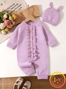 SHEIN 嬰兒/幼兒女童淺粉色可愛秋季休閒荷葉邊針織連身衣，附帽子西班牙風嬰兒女童連身衣 - 淡紫色 - 查看 1