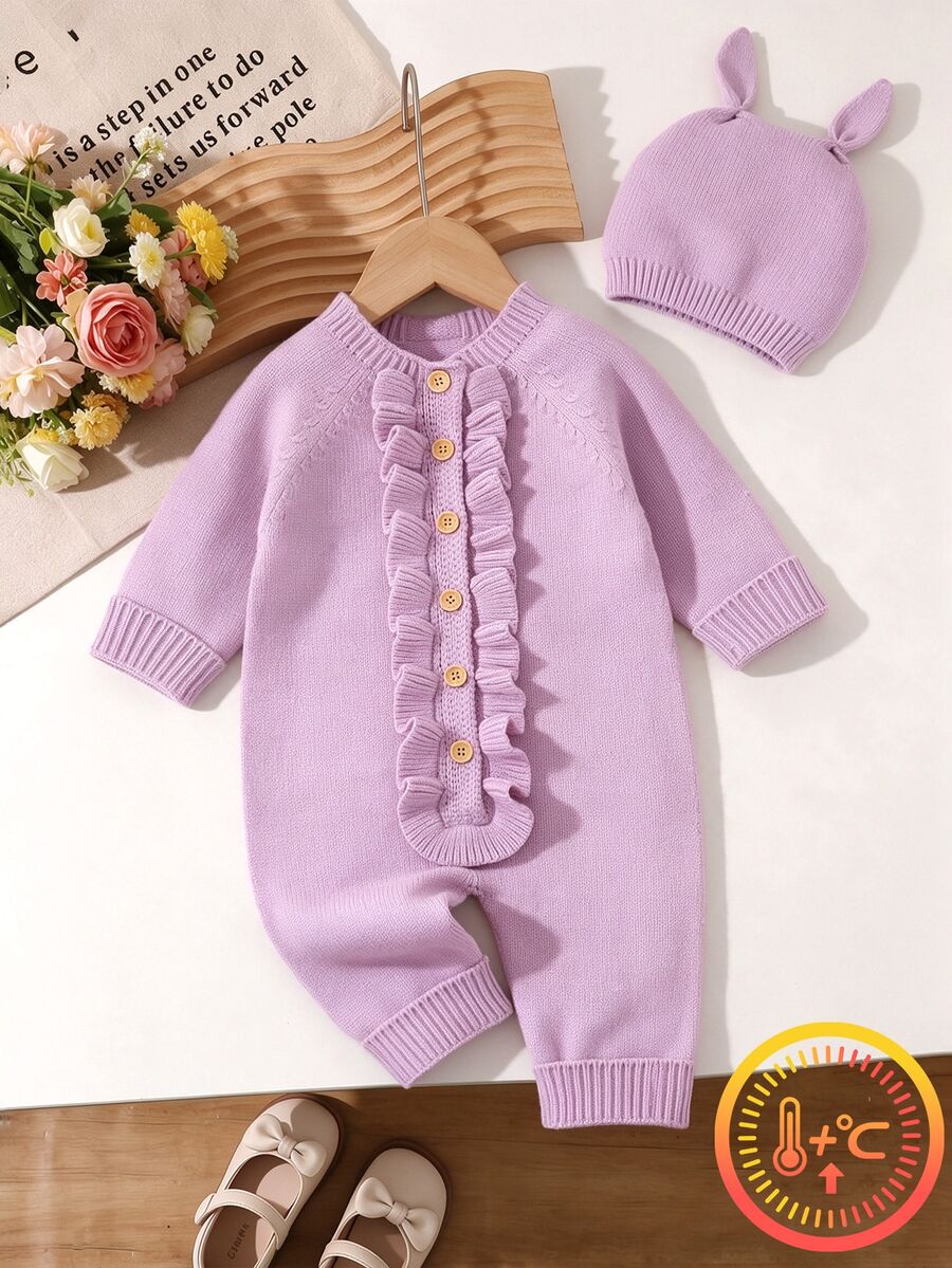 SHEIN 嬰兒/幼兒女童淺粉色可愛秋季休閒荷葉邊針織連身衣,附帽子西班牙風嬰兒女童連身衣 - 淡紫色 - 查看 1