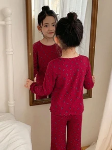 Dazy Kids Young Girl All-Over Print Long Sleeve Top And Pants Casual Daily Home Sleepwear Set Fall - Hot Pink - View 2