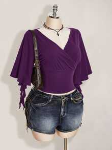 SHEIN ICON 女款大尺碼黑色夏季哥德風性感夜店約會派對夜店 T-shirt，復古優雅 V 領荷葉袖修身 Y2K 風格 - 紫色 - 查看 6