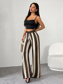 SHEIN PETITE 羊毛針織黑白條紋休閒居家女款寬腿長褲，舒適百搭，適合秋季，小個子女性日常居家穿著 - 彩色 - 查看 6