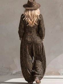 Linhara CURVE 2026 New V-Neck Plus Size Women's Jumpsuit With Pockets Fall - Coffee Brown - View 2