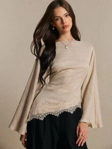 Poéselle Women's Lace Patchwork Casual Daily Long Sleeve Top - Apricot - View 6