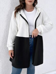 SHEIN LUNE Plus Size 2-Color Drop Shoulder Drawstring Hooded Cardigan Jacket Black & White Women's Autumn/Winter - Black and White - View 5