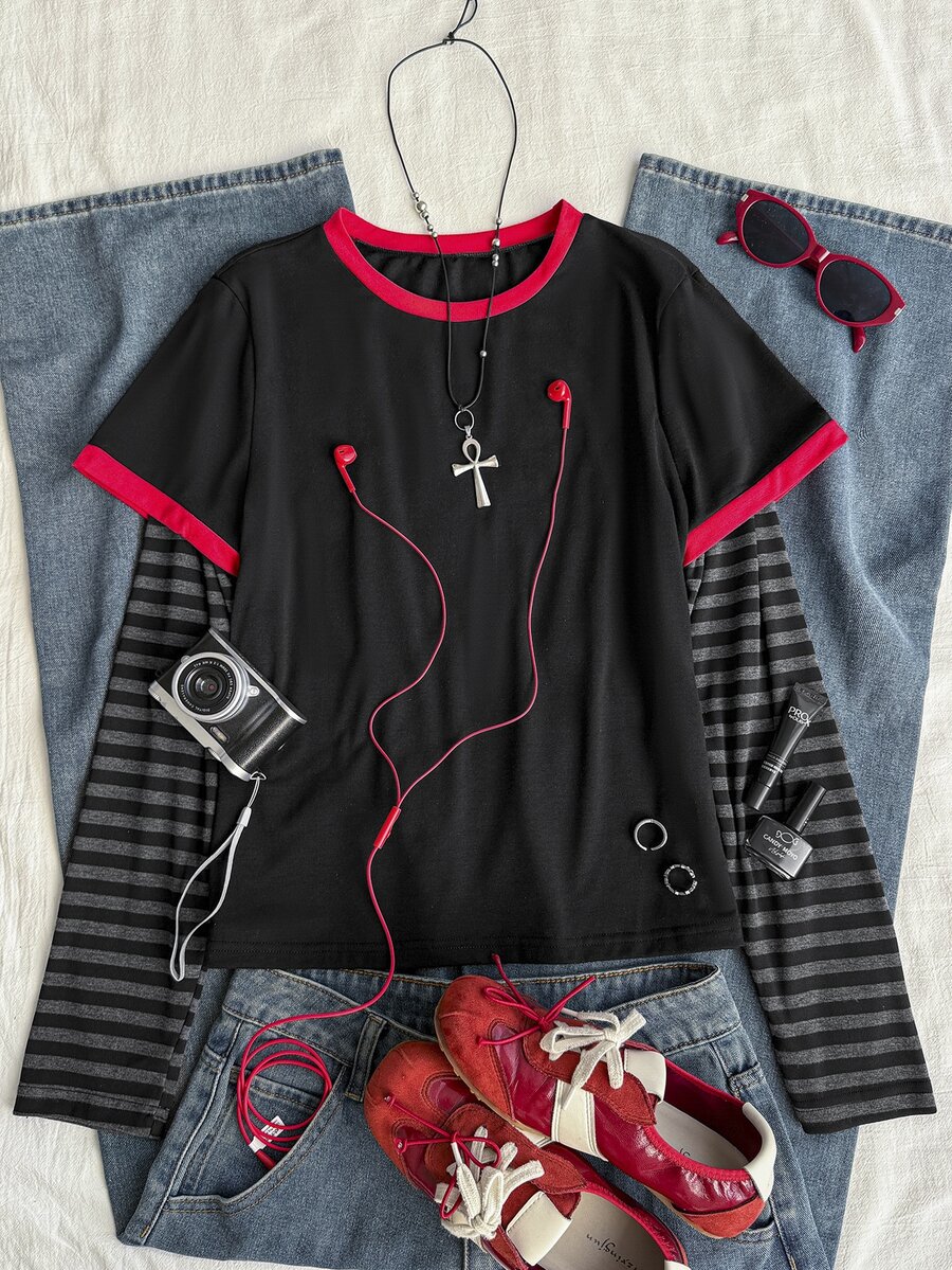 Attitoon 女款對比滾邊設計條紋袖 T-shirt,休閒極簡復古龐克 Y2K 百搭上衣,適合派對、音樂節、哥德風、秋季穿搭、通勤裝、外出裝、機場穿搭 - 黑色 - 查看 1