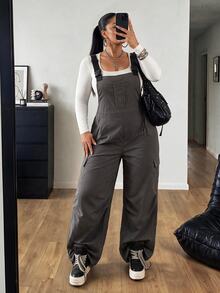 POPSWAY Plus Size Women's Casual Minimalist Commuter Woven Grey Utility Overall Jumpsuit, Autumn/Winter - Grey - View 3