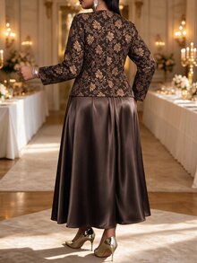 Fleurora Plus Size Women's Jacquard Open Front Jacket And Dress Elegant 2 Pieces Set Christmas - Coffee Brown - View 2