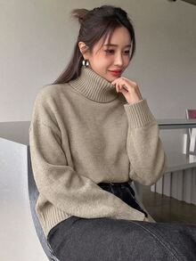 DAZY 女款秋冬百搭休閒純色高領毛衣 - 杏色 - 查看 5