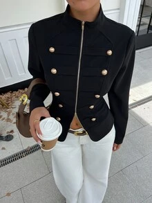 SHEIN Clasi 大尺碼優雅雙排扣拉鍊長袖夾克 - 黑色 - 查看 4