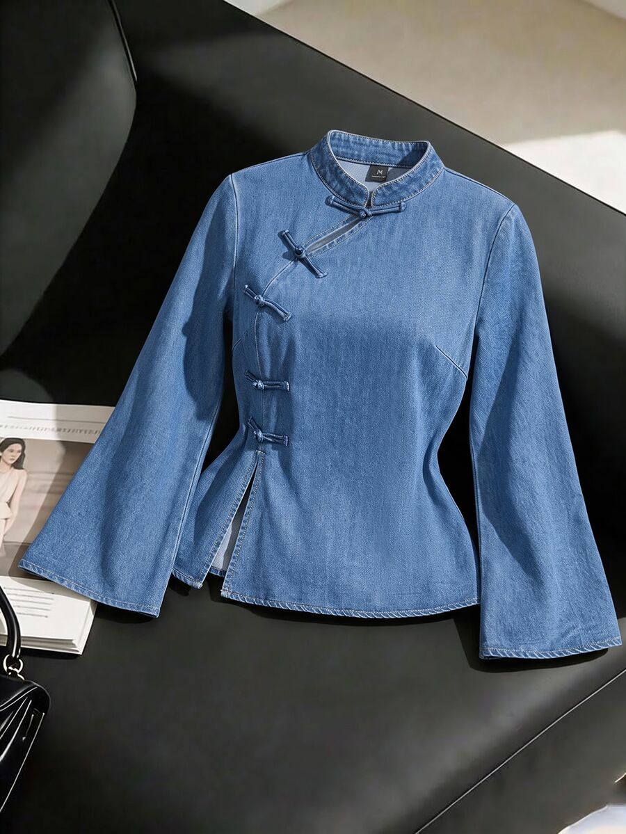 GlowEve Women's Frog Button Casual Daily Denim Top - Blue - View 1
