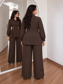 Solavon Plus Size Women's 3D Floral Decor Single-Breasted Shirt And Wide Leg Pants 2 Pieces Set - Coffee Brown - View 2