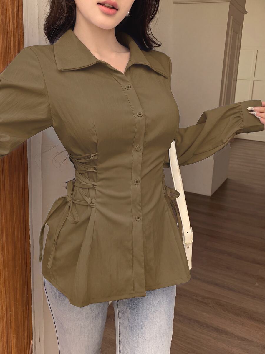 Modelyn 女款純色單排扣休閒側腰抽繩繫帶時尚襯衫 - 棕色 - 查看 1