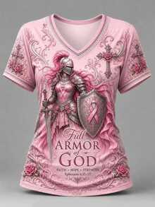 EMERY ROSE Plus Size Women's Christian Pink Ribbon Graphic T-Shirt, Faith Hope Strength Cross Print Religious Top For Church Bible Study, Breast Cancer Awareness - Multicolor - View 3