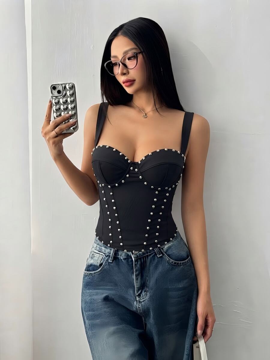 INAWLY Black Wide Strap Fitted Latin Fishbone Waist-Cinching Underwire Back Tie Top - Black - View 1