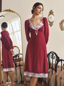 Côtesoire Women's Elegant Southern French Style Contrast Color Lace Long Sleeve Nightgown - Burgundy - View 5