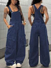 StreetHx Women's Casual Denim Jumpsuit With Pockets For Daily Wear - Blue - View 2