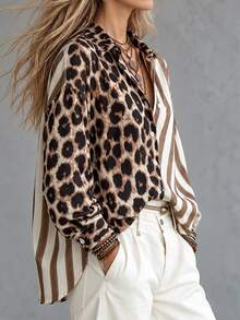 Trelyra Women's New Autumn/Winter Leopard Print Patchwork Striped Button-Down Long Sleeve Shirt - Khaki - View 5