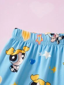 THE POWERPUFF GIRLS X SHEIN THE POWERPUFF GIRLS 青少女短袖上衣與短褲居家服套裝 - 藍色 - 查看 6