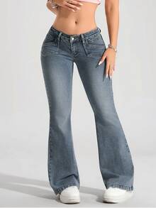 SHEIN Tall Women's Street Style Casual Button Flared Jeans Everyday Date Fall - Light Wash - View 1