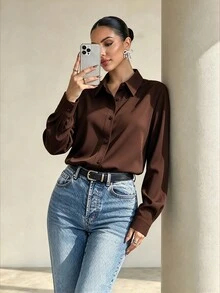Structelle 女款素色前扣長袖襯衫上衣，秋季長袖上衣 - 棕色 - 查看 8