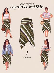 SHEIN Tall CURVE 大尺碼夏季休閒拼色條紋不對稱下擺裙 秋季 - 彩色 - 查看 5