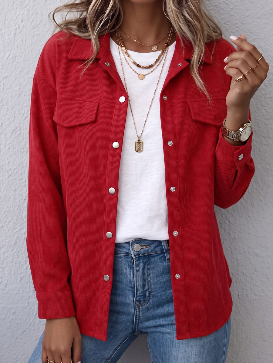SHEIN LUNE Plus Size Corduroy Long Sleeve Loose Fit Shirt Fall Cloth For Women - Burgundy - View 1