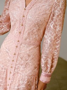 ZEYLAH 女款V領鈕扣設計優雅刺繡長袖洋裝 - 粉色 - 查看 3