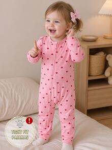 Baby Girl Pink Cute Long Sleeve Long Leg Fitted Romper Loungewear - Pink - View 3