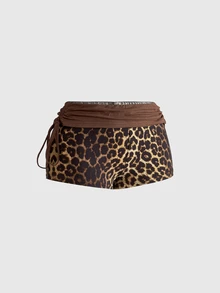 ROMWE Y2K Women's Leopard Print Drawstring Tie Shorts - Brown - View 3