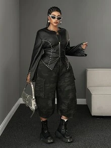 Maweii Plus Size Women's Autumn/Winter Black Rivet Short Leather Jacket, Stand Collar Front Zipper Split Long Sleeve Cinched Waist Slim Fit Sexy Short Leather Coat - Black - View 5