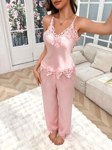 SHEIN 蕾絲飾邊女款性感仿絲綢露背交叉肩帶睡衣套裝 - 粉色 - 查看 6