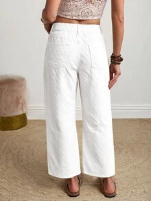 Breezaya Plus Size Textured Button Denim Cropped Curved Leg Pants - White - View 2