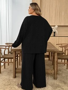 SHEIN CURVE+ 大尺碼女款秋季休閒純色巧克力棕色冬季曲線居家服兩件套秋季 - 黑色 - 查看 2