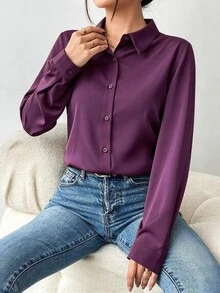 Structelle 女款純色鈕扣前襟長袖襯衫，秋季長袖上衣 - 中紫紅色 - 查看 7