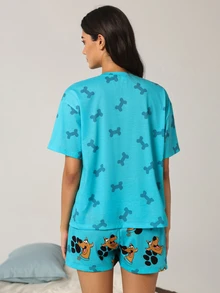 SCOOBY-DOO X SHEIN Women's Bone Print Short Sleeve Top And Shorts Pajama Set - Cadet Blue - View 2