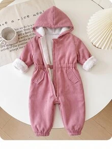 SHEIN 女嬰戶外工裝保暖內裡連帽連身衣，秋冬款 - 粉色 - 查看 3