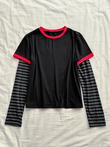 Attitoon 女款對比滾邊設計條紋袖 T-shirt，休閒極簡復古龐克 Y2K 百搭上衣，適合派對、音樂節、哥德風、秋季穿搭、通勤裝、外出裝、機場穿搭 - 黑色 - 查看 4