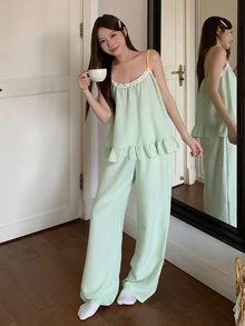 DAZY Women's Contrast Lace Ruffle Hem Camisole Top And Long Pants Pajama Set - Green - View 6