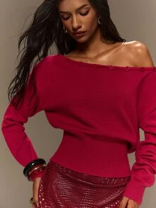 TypaGal Fall Winter Y2k Sexy Going Out Basic Chic Party Halloween Luxury Red Christmas Women's Asymmetrical Shoulder Long Sleeve Button Design Sweater - Burgundy - View 3