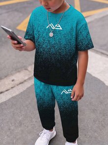 青少年男孩幾何印花短袖T恤與長褲休閒套裝 - 彩色 - 查看 2
