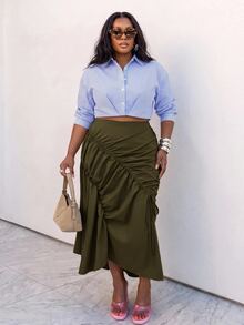 Slaydiva Autumn/Winter Casual Street Khaki Asymmetric Ruched Fishtail Skirt Plus Size Fall - Army Green - View 4